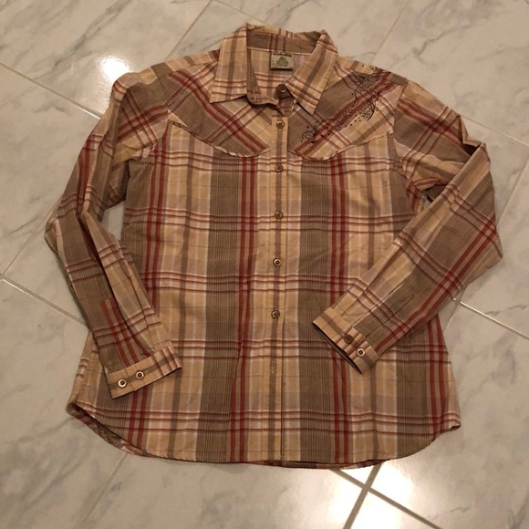 CABELAS ladies plaid button up shirt w/ embroidery - Picture 1 of 5